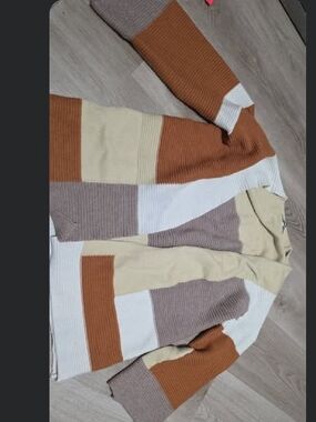 Colorblock Ribbed Open Cardigan - Cream, Rust & Taupe
